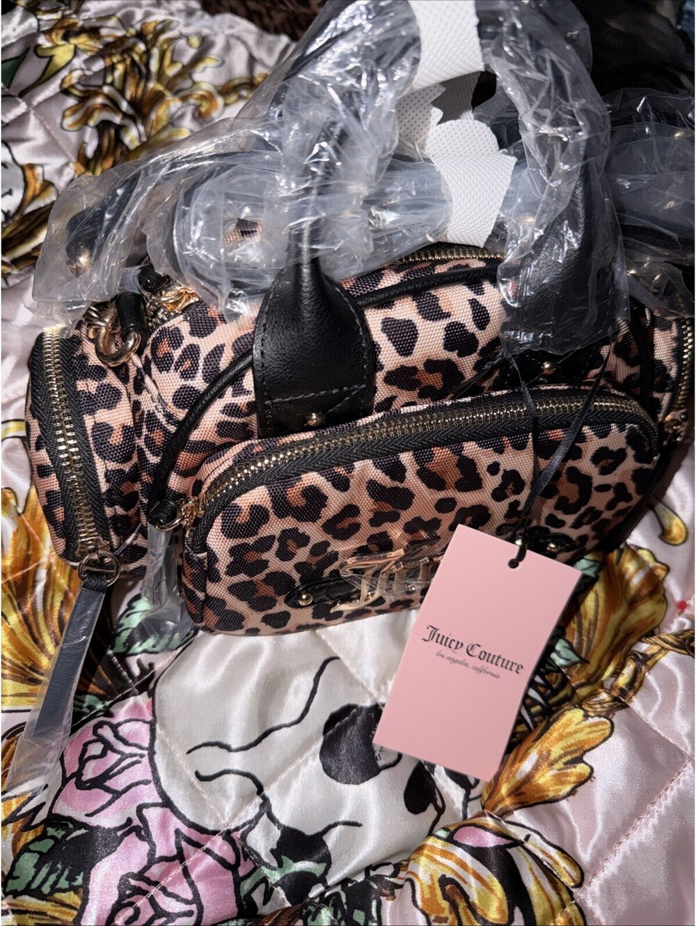 Juicy Couture Shopaholic Nylon & Faux Leather Leopard Print Crossbody Bag NWT